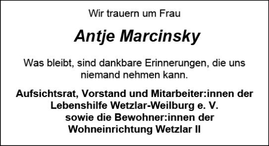 Traueranzeige von Antje Marcinsky von Weilburger Tageblatt