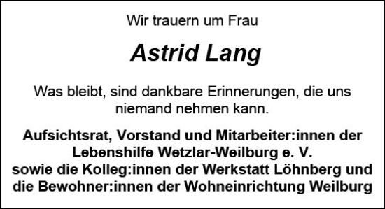Traueranzeige von Astrid Lang von Weilburger Tageblatt