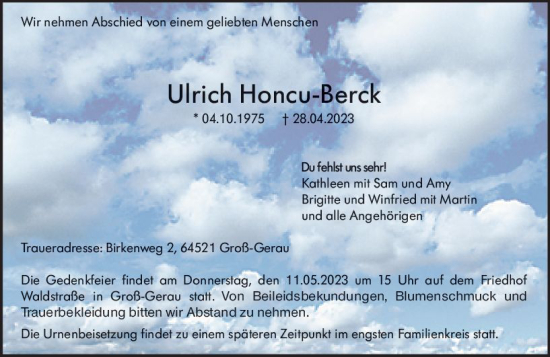 Traueranzeige von Ulrich Honcu-Berck von Groß-Gerauer Echo