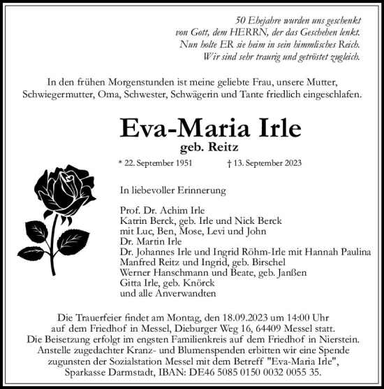 Traueranzeige von Eva-Maria Irle von Darmstädter Echo