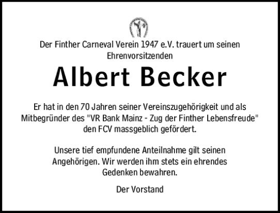 Traueranzeige von Albert Becker von Allgemeine Zeitung Mainz