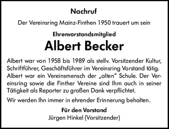 Traueranzeige von Albert Becker von Allgemeine Zeitung Mainz