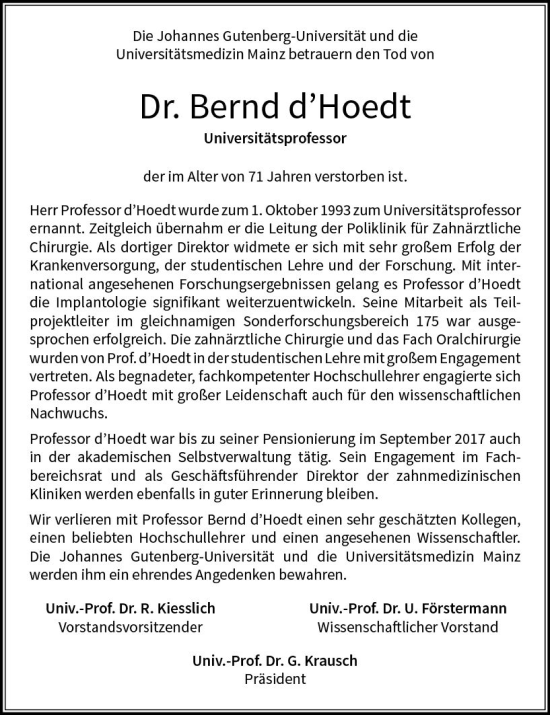 Traueranzeige von Bernd d´Hoedt von Allgemeine Zeitung Mainz