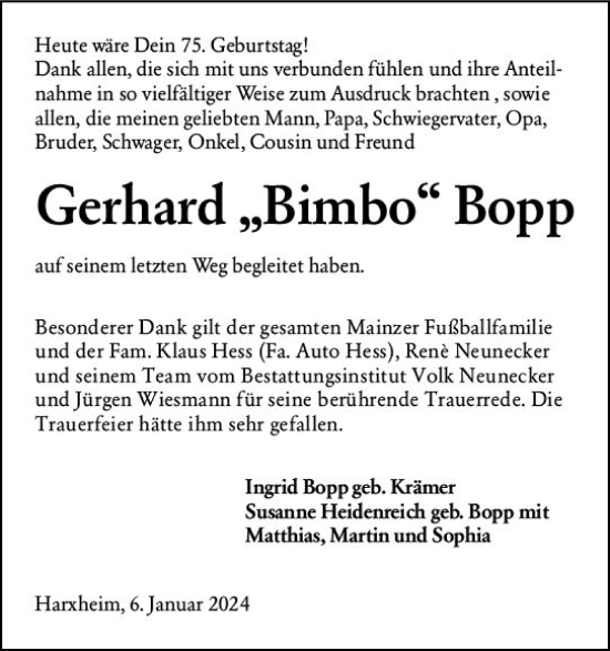 Traueranzeige von Gerhard  Bopp von Allgemeine Zeitung Mainz