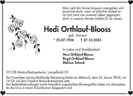 Traueranzeige von Hedi Orthlauf-Blooss von Allgemeine Zeitung Mainz