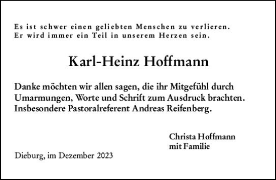 Traueranzeige von Karl-Heinz Hoffmann von Dieburger Anzeiger/Groß-Zimmerner Lokal-Anzeiger