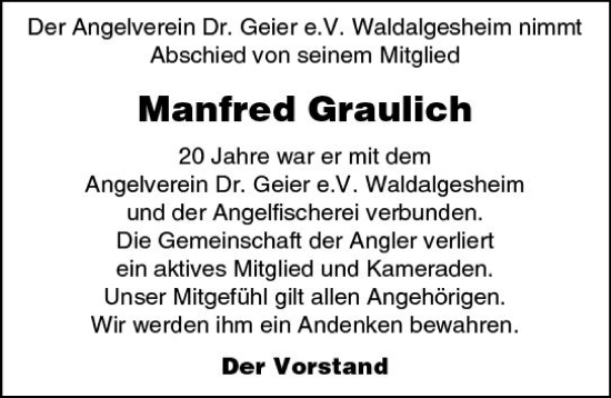 Traueranzeige von Manfred Graulich von Allgemeine Zeitung Bingen/Ingelheim
