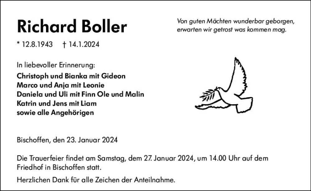  Traueranzeige für Richard Boller vom 23.01.2024 aus Hinterländer Anzeiger