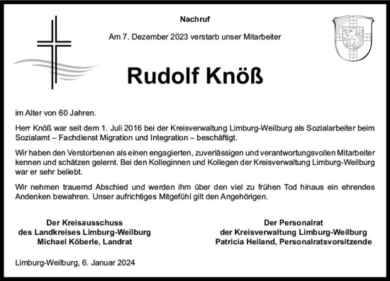 Traueranzeige von Rudolf Knöß von Weilburger Tageblatt