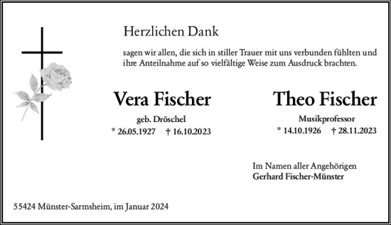 Traueranzeige von Vera Fischer von Allgemeine Zeitung Bad Kreuznach