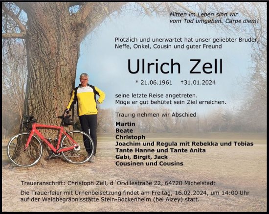 Traueranzeige von Ulrich Zell von Allgemeine Zeitung Bingen/Ingelheim