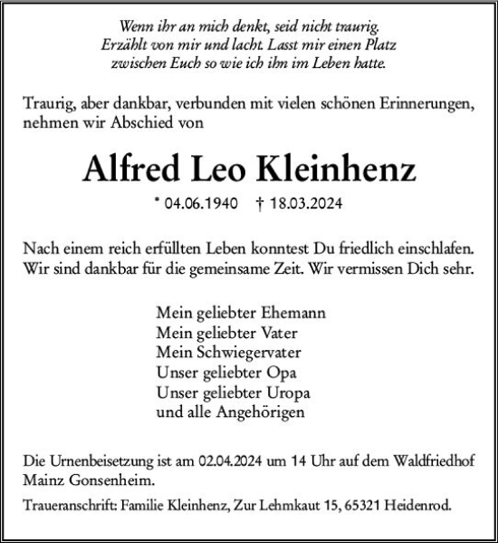 Traueranzeige von Alfred Leo Kleinhenz von Allgemeine Zeitung Mainz