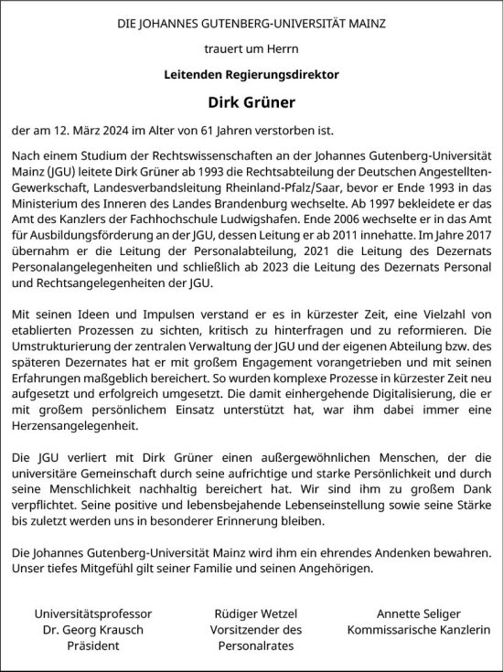 Traueranzeige von Dirk Grüner von Allgemeine Zeitung Mainz