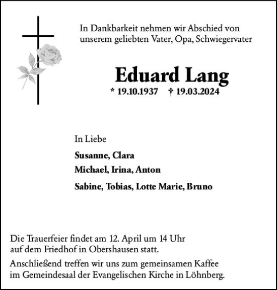 Traueranzeige von Eduard Lang von Weilburger Tageblatt