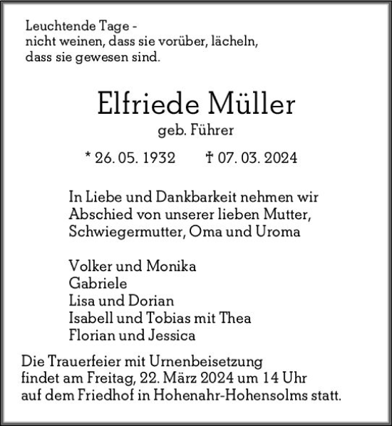 Traueranzeige von Elfriede Müller von Wetzlarer Neue Zeitung