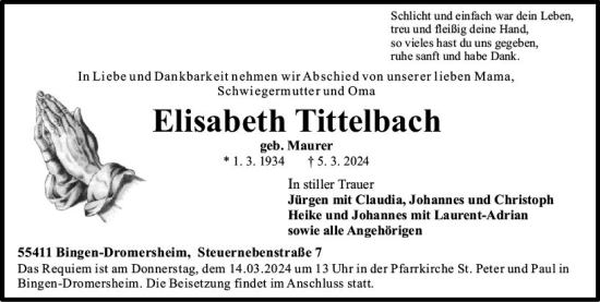 Traueranzeige von Elisabeth Tittelbach von Allgemeine Zeitung Bingen/Ingelheim