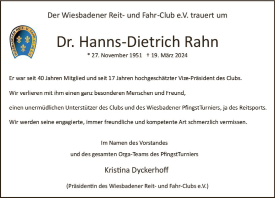 Traueranzeige von Hanns-Dietrich Rahn von Wiesbadener Kurier
