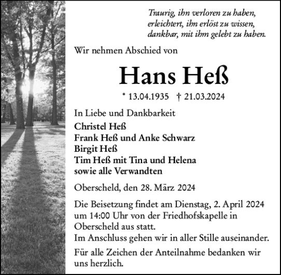 Traueranzeige von Hans Heß von Dill Block