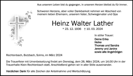 Traueranzeige von Heinz Walter Lather von Wetzlarer Neue Zeitung