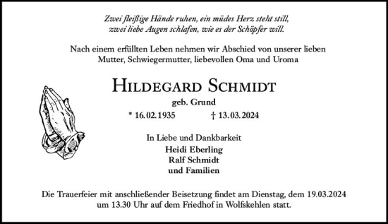 Traueranzeige von Hildgard Schmidt von Groß-Gerauer Echo