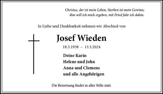 Traueranzeige von Josef Wieden von Wiesbadener Kurier