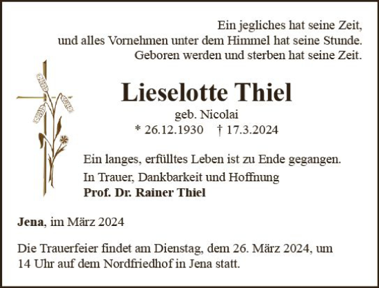 Traueranzeige von Lieselotte Thiel von Wiesbadener Kurier