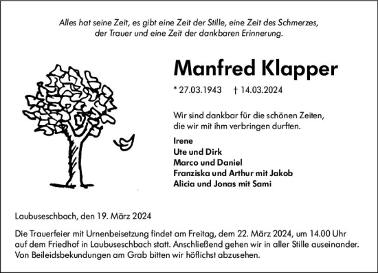 Traueranzeige von Manfred Klapper von Weilburger Tageblatt