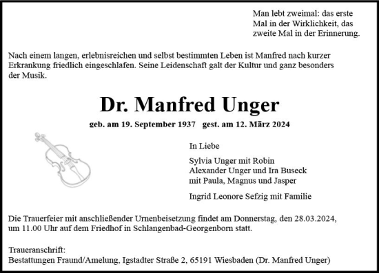 Traueranzeige von Manfred Unger von Wiesbadener Kurier