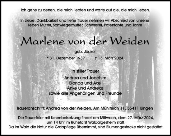 Traueranzeige von Marlene  von der Weiden von Allgemeine Zeitung Bingen/Ingelheim