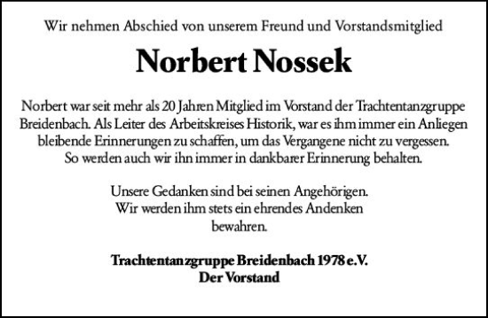 Traueranzeige von Norbert Nossek von Hinterländer Anzeiger