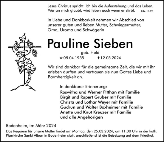 Traueranzeige von Pauline Sieben von Allgemeine Zeitung Mainz