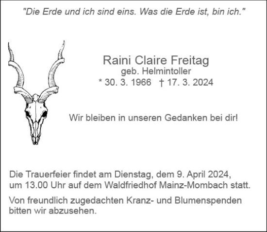 Traueranzeige von Rain Claire Freitag von Allgemeine Zeitung Mainz
