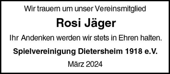 Traueranzeige von Rosi Jäger von Allgemeine Zeitung Bingen/Ingelheim
