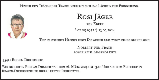 Traueranzeige von Rosi Jäger von Allgemeine Zeitung Bingen/Ingelheim