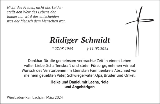 Traueranzeige von Rüdiger Schmidt von Wiesbadener Kurier