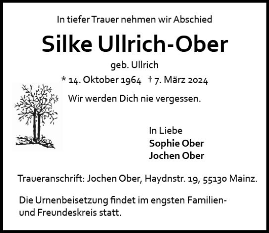 Traueranzeige von Silke Ullrich-Ober von Allgemeine Zeitung Mainz