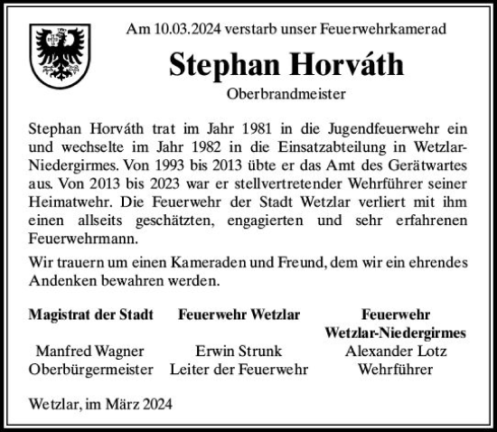 Traueranzeige von Stephan Horvath von Wetzlarer Neue Zeitung