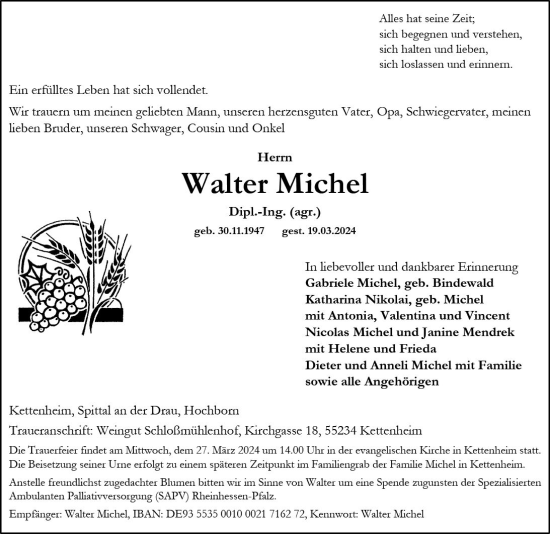 Traueranzeige von Walter Michel von Allgemeine Zeitung Bad Kreuznach