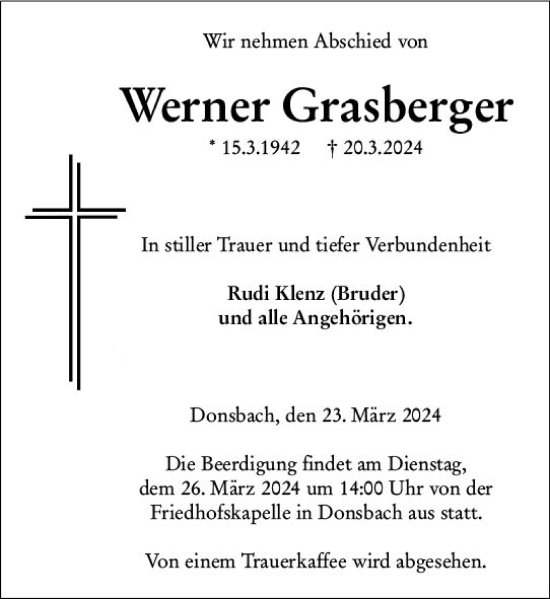 Traueranzeige von Werner Grasberger von Dill Block