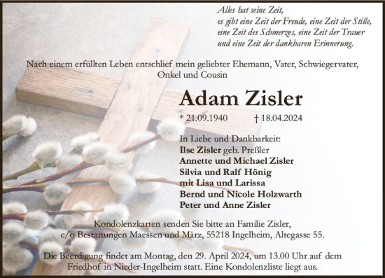 Traueranzeige von Adam Zisler von Allgemeine Zeitung Bingen/Ingelheim