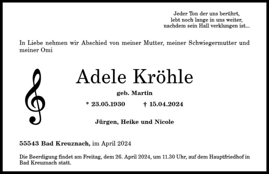 Traueranzeige von Adele Kröhle von Allgemeine Zeitung Mainz