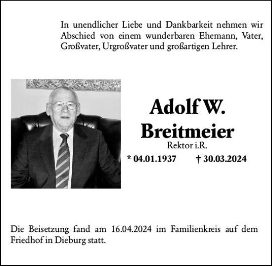Traueranzeige von Adolf W. Breitmeier von Dieburger Anzeiger/Groß-Zimmerner Lokal-Anzeiger