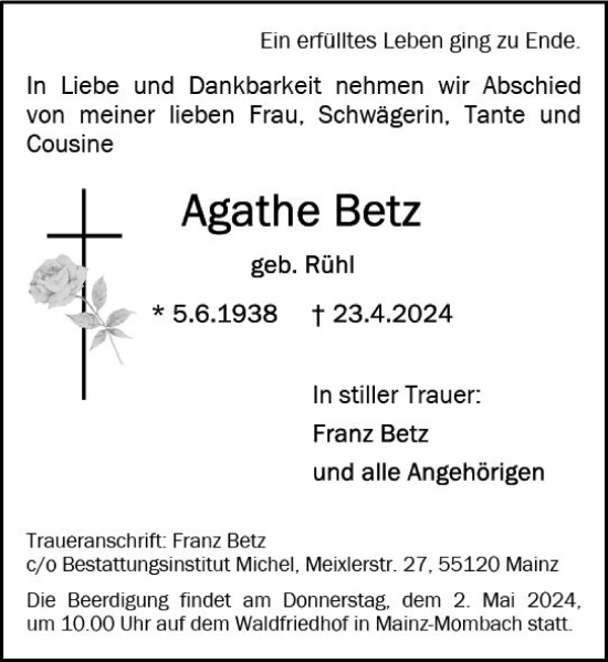 Traueranzeige von Agathe Betz von Allgemeine Zeitung Mainz
