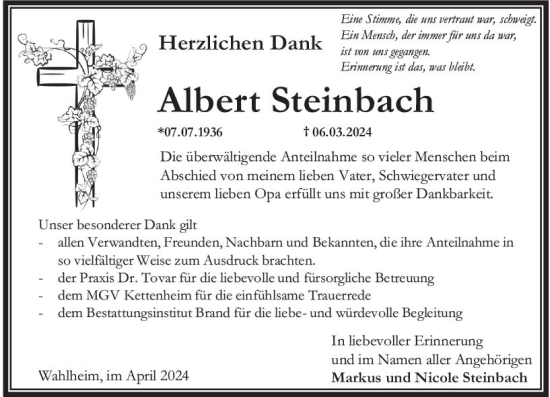 Traueranzeige von Albert Steinbach von Allgemeine Zeitung Alzey