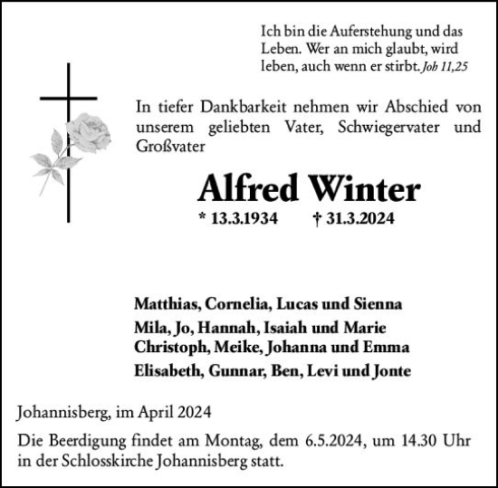 Traueranzeige von Alfred Winter von Wiesbadener Kurier