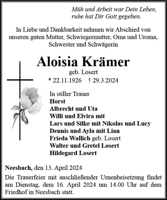 Traueranzeige von Aloisia Krämer von Nassauische Neue Presse