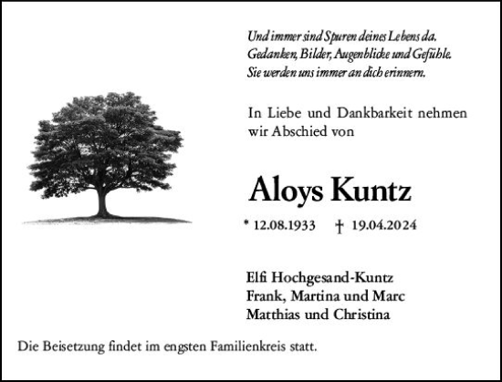 Traueranzeige von Aloys Kuntz von Allgemeine Zeitung Mainz