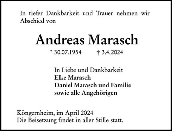 Traueranzeige von Andreas Marasch von Allgemeine Zeitung Mainz