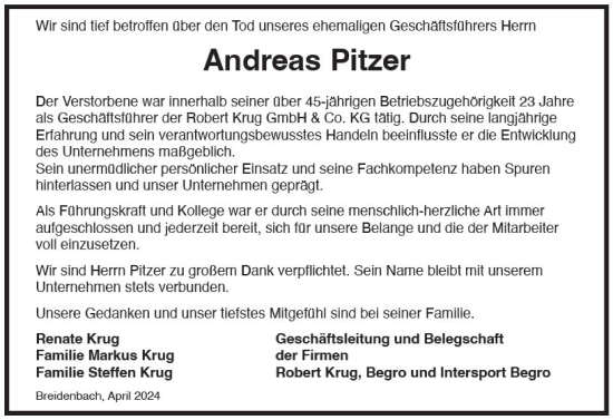 Traueranzeige von Andreas Pitzer von Hinterländer Anzeiger