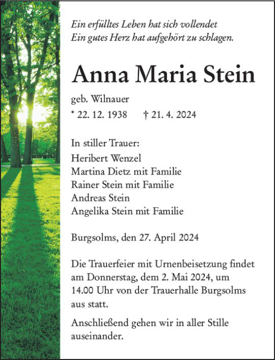 Traueranzeige von Anna Maria Stein von Wetzlarer Neue Zeitung